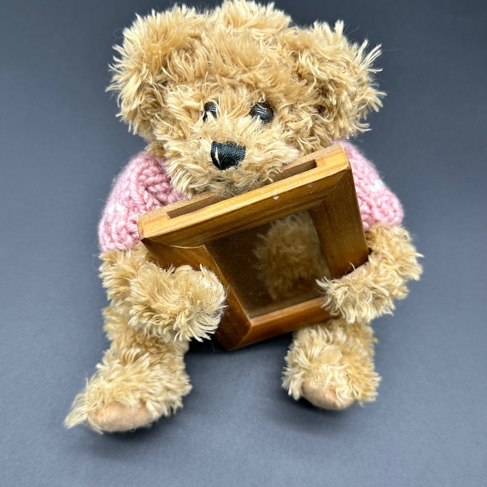 Adorable Teddy‎ Bear Holding Wooden Photo Frame Pink Sweater Love Valwntines